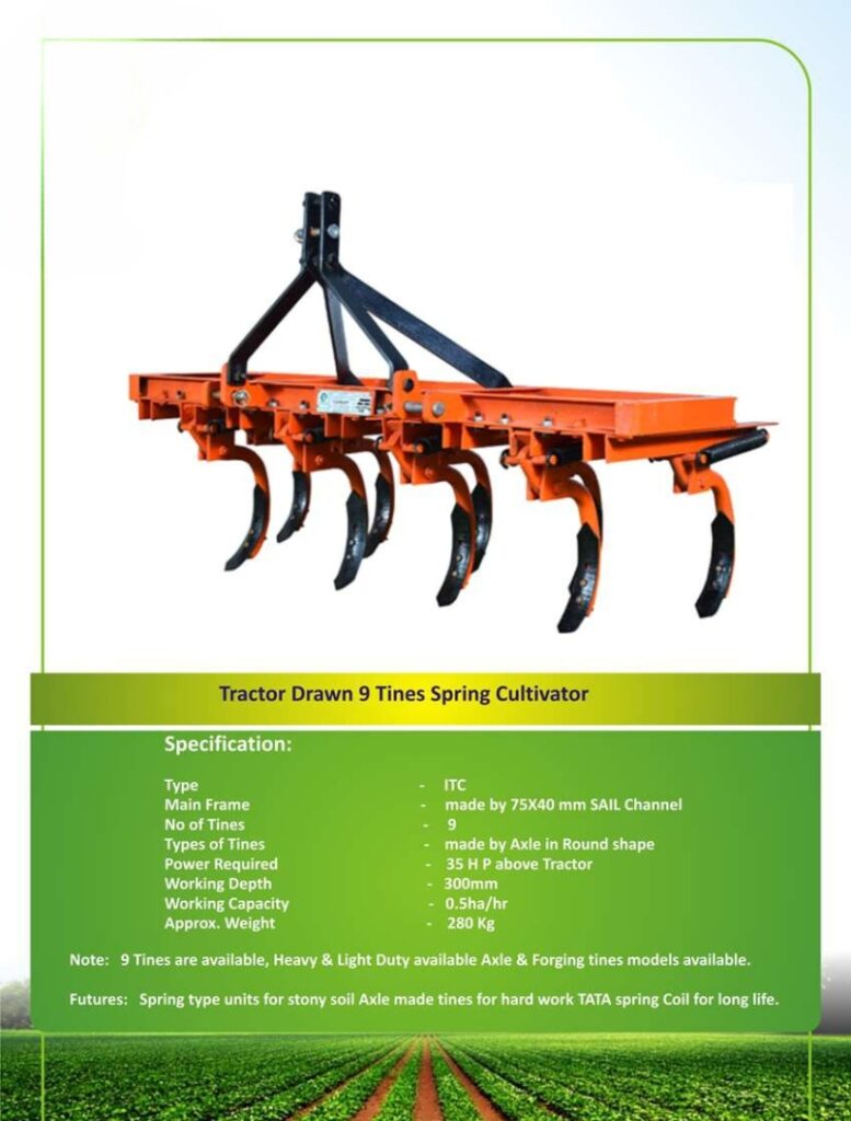 "Image of a 9 Tyne Cultivator in operation. The cultivator features nine sturdy tines or prongs, effectively tilling and aerating the soil for improved planting conditions in agricultural fields."