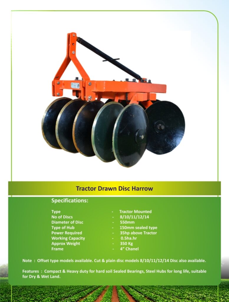 "Image of tractor-mounted disc harrow equipment in operation. The equipment features multiple rotating discs angled downward, effectively cultivating and preparing the soil for planting."